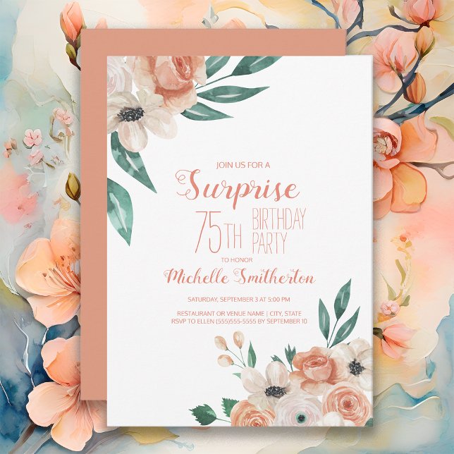 Pretty Peach Cream Floral 75th Birthday Invitation (Peach watercolor floral surprise 75th birthday party invitation)