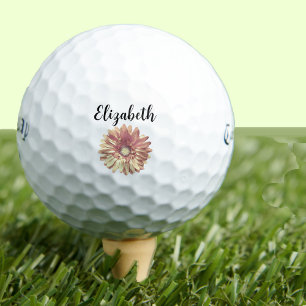 Pretty peach daisy flower with custom name ladies golf balls