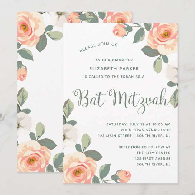 Pretty Peach Floral | Bat Mitzvah Invitation (Front/Back)