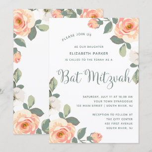 Pretty Peach Floral   Bat Mitzvah Invitation
