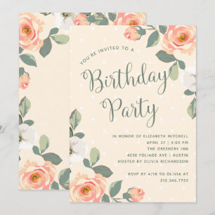 Pretty Peach Floral   Birthday Party Invitation