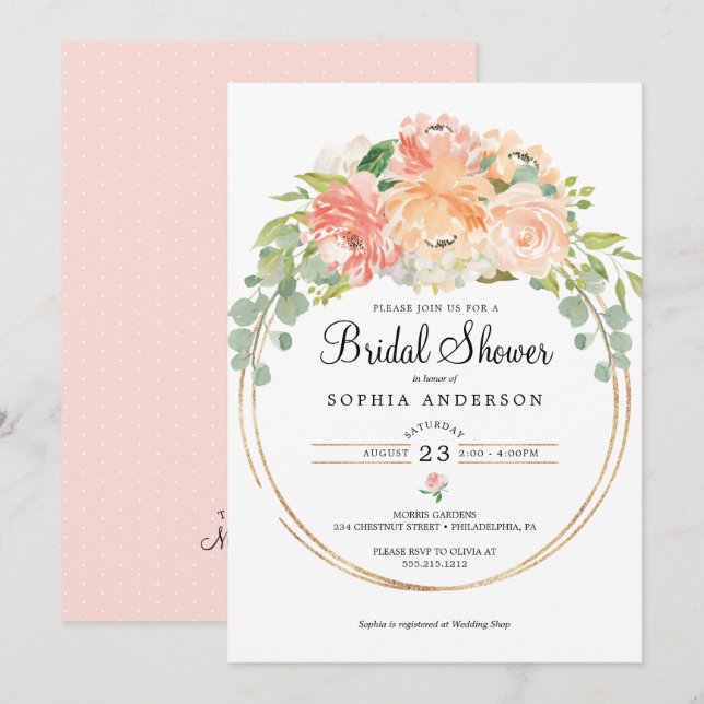 Pretty Peach Floral Bridal Shower Invitation (Front/Back)