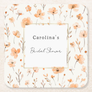 Pretty Peach Floral Bridal Shower Square Paper Coaster