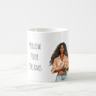 Pretty Peach Floral Dreams Black Lady Coffee Mug
