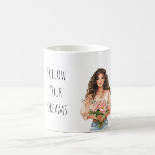 Pretty Peach Floral Dreams Brown Hair Lady Coffee Mug