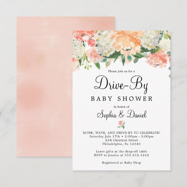 Pretty Peach Floral Drive-By Baby Shower Invite (Front/Back)