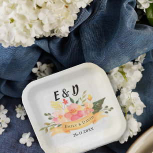 Pretty Peach Floral Elegant Monogram Wedding Party Paper Plate