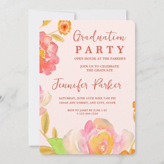 Pretty Peach Floral Graduation Party Invitation (Front)