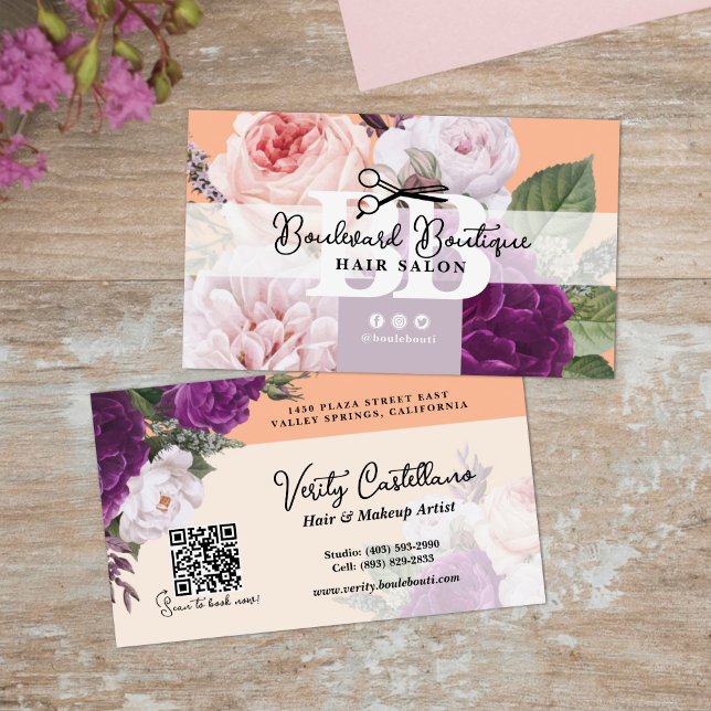 Pretty Peach Floral Hair Salon Stylist QR Code Business Card (Creator Uploaded)