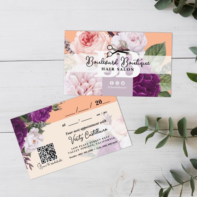 Pretty Peach Floral Hair Stylist Appointment QR Business Card (Creator Uploaded)