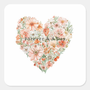 Pretty Peach Floral Heart Wedding Square Sticker