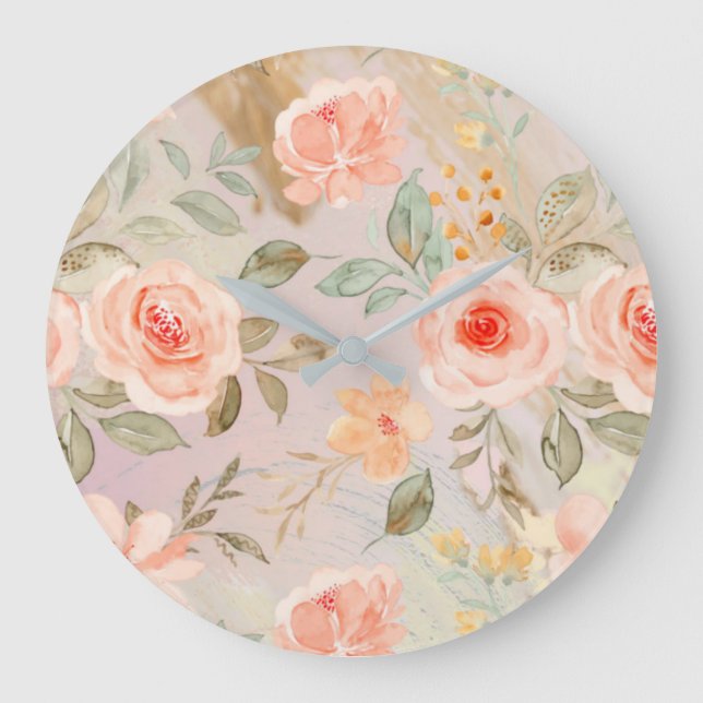 Pretty Peach Floral Large Wall Large Clock (Front)