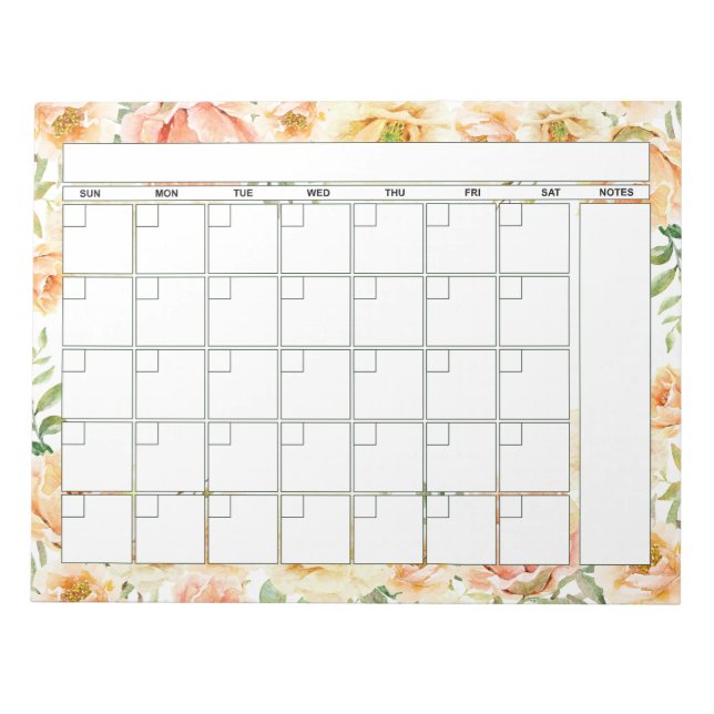 Pretty Peach Floral Monthly Planner Calendar Notepad (Front)