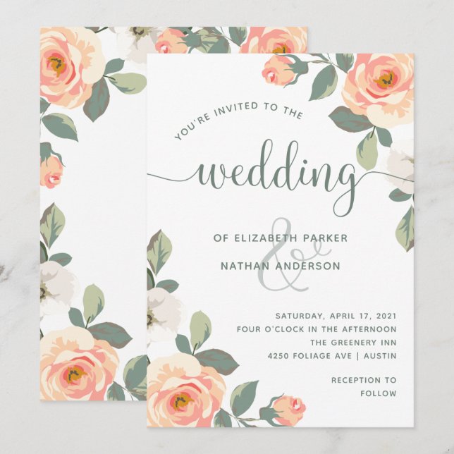 Pretty Peach Floral | Wedding Invitation (Front/Back)