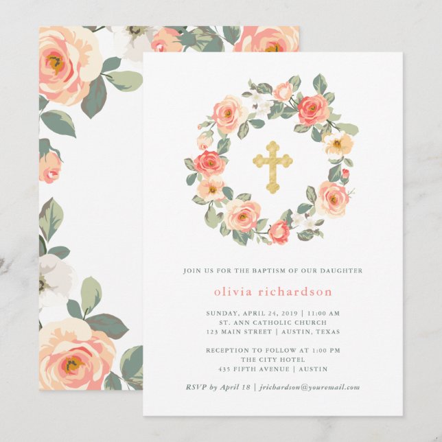 Pretty Peach Floral Wreath with Cross | Baptism Invitation (Front/Back)