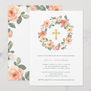 Pretty Peach Floral Wreath with Cross   Baptism Invitation