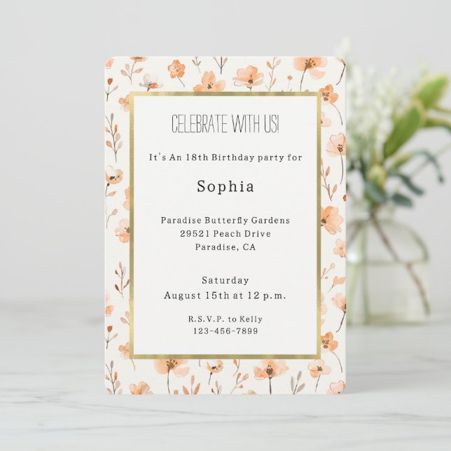 Pretty Peach Flowers Birthday Invitation (Standing Front)