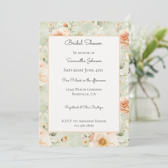 Pretty Peach Flowers Bridal Shower Invitation (Standing Front)