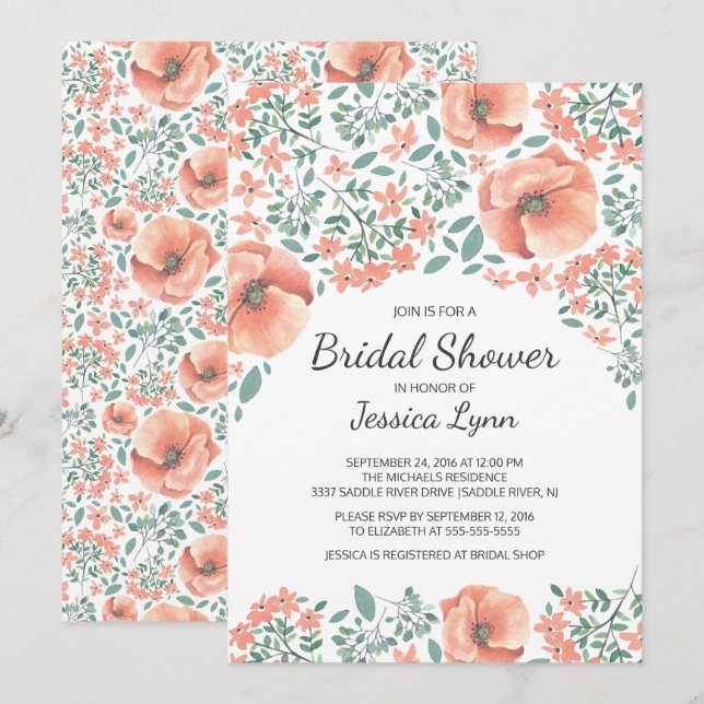 Pretty Peach Flowers Bridal Shower Invite (Front/Back)