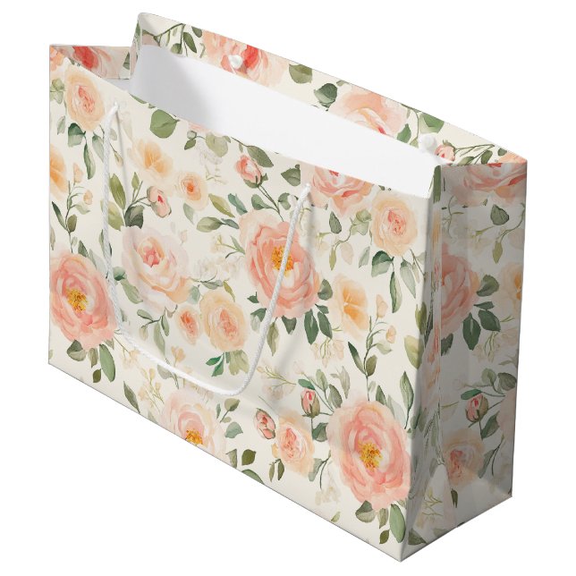 Pretty Peach Flowers Bridal Shower Large Gift Bag (Front Angled)