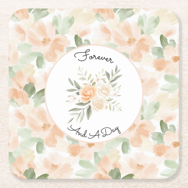 Pretty Peach Flowers Wedding Square Paper Coaster (Front)