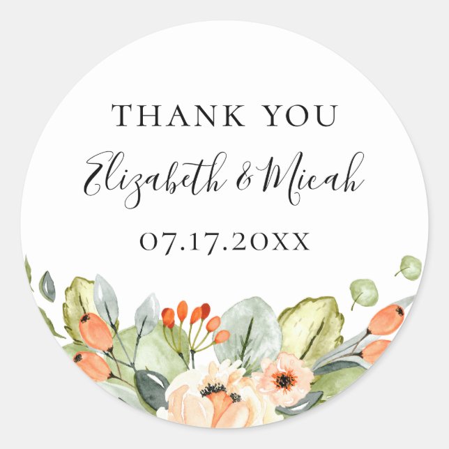 Pretty Peach Garden Floral Wedding Favour Classic Round Sticker (Front)