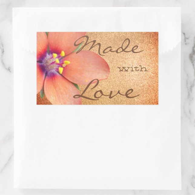 Pretty Peach Glitter Flower Blossom Made with Love Rectangular Sticker (Bag)