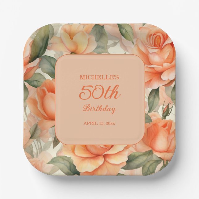 Pretty Peach Orange Floral Roses 50th Birthday Paper Plate (Front)