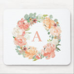 Pretty Peach Peonies Eucalyptus Wreath Monogram Mouse Mat<br><div class="desc">A whimsical botanical mousepad. It features watercolor floral wreath of pastel peach and ivory roses and peonies with eucalyptus and other greenery accents. Personalize this floral wreath mousepad by adding a monogram. This peony wreath mousepad is perfect as a personalized gift.</div>
