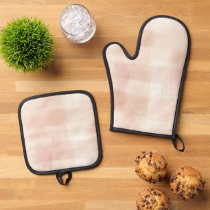 Pretty Peach Pink Cream Plaid Oven Mitt & Pot Holder Set