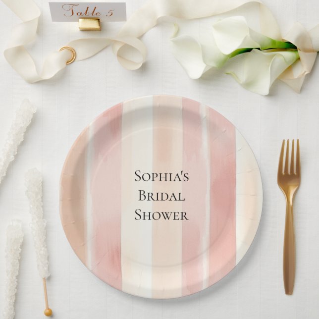 Pretty Peach Pink Cream Stripes Bridal Shower Paper Plate (Wedding)