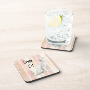 Pretty Peach Pink Cream Stripes Cat Coaster