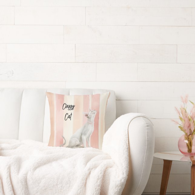 Pretty Peach Pink Cream Stripes Cat Cushion (Couch)
