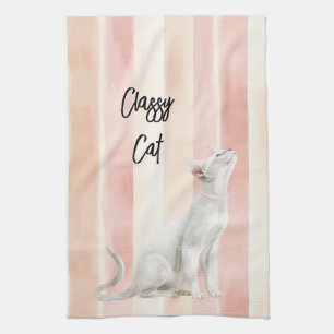 Pretty Peach Pink Cream Stripes Cat Tea Towel