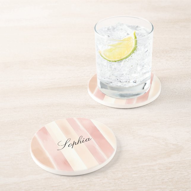 Pretty Peach Pink Cream Stripes  Coaster (Side)