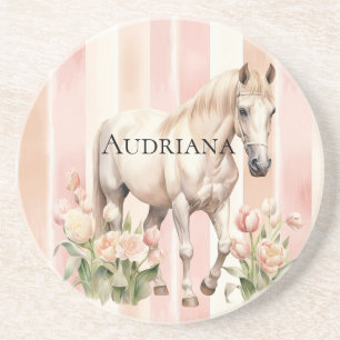 Pretty Peach Pink Cream Stripes Horse Coaster
