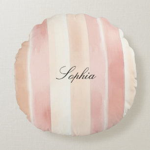 Pretty Peach Pink Cream Stripes Round Cushion