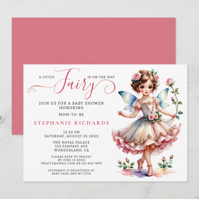 Pretty Peach Pink Flower Fairy Baby Shower Floral Invitation (Front/Back)