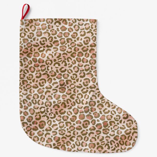 Pretty Peach Pink Leopard Print Large Christmas Stocking (Front)