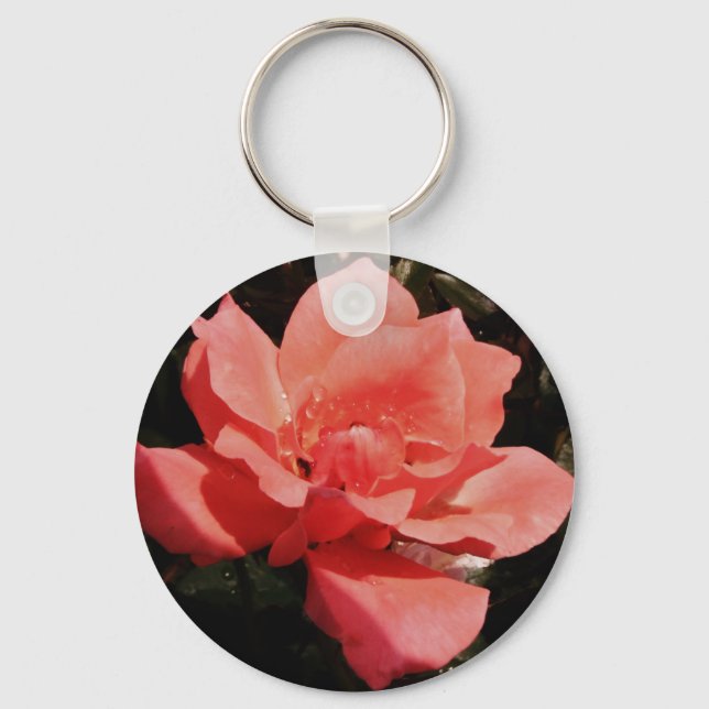 Pretty Peach Pink Rose floral Key Ring (Front)