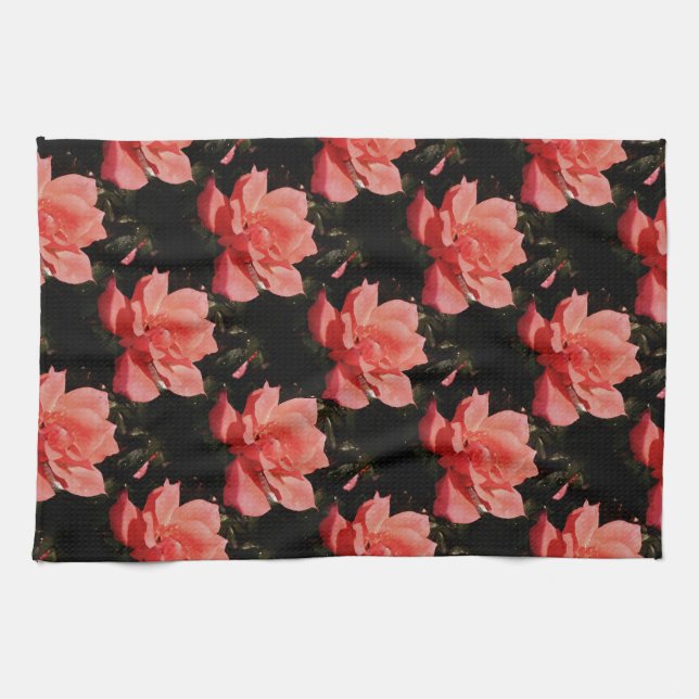 Pretty Peach Pink Rose floral Tea Towel (Horizontal)