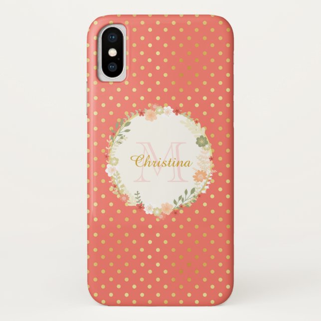 Pretty Peach Polka Dot Floral Name and Monogram Case-Mate iPhone Case (Back)