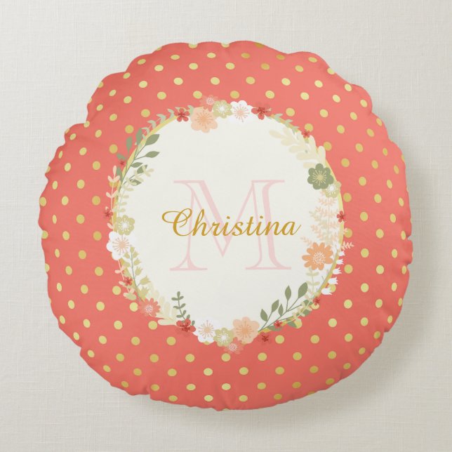 Pretty Peach Polka Dot Floral Name and Monogram Round Cushion (Front)