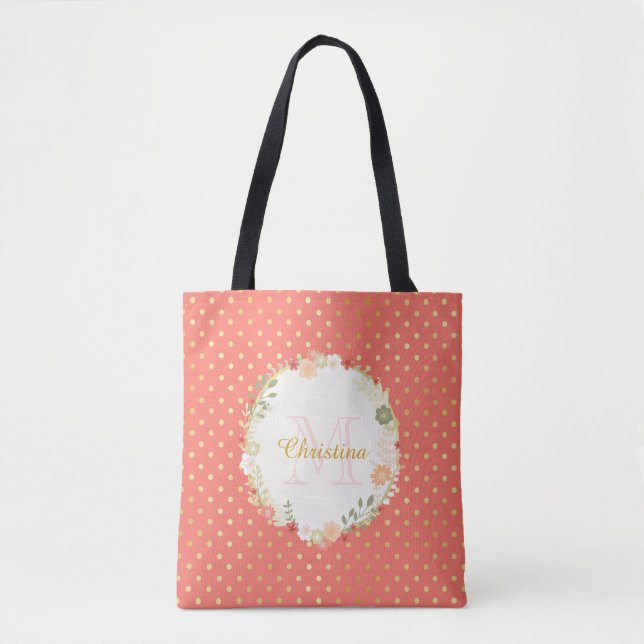 Pretty Peach Polka Dot Floral Name and Monogram Tote Bag (Front)