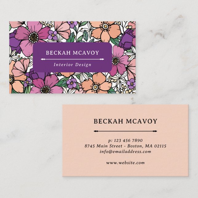 Pretty Peach & Purple Floral Pattern Business Card (Front/Back)