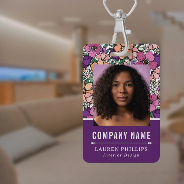 Pretty Peach & Purple Floral Pattern Business ID Badge (Creator Uploaded)