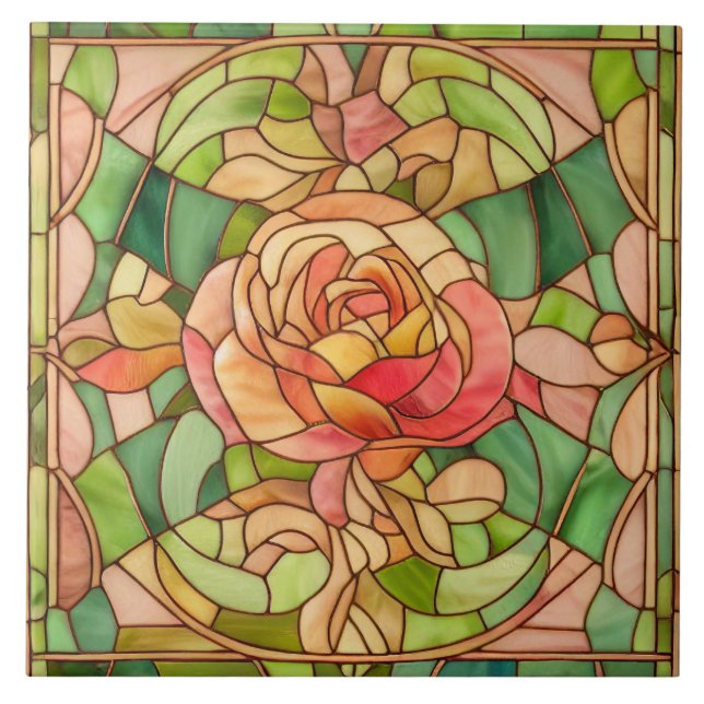 Pretty Peach Rose Stained Glass Style Tile (Front)