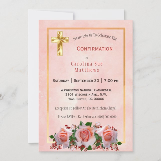 Pretty Peach Roses Bouquet Floral Confirmation Invitation (Front)