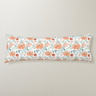 Pretty Peach Watercolor Floral Green Leaves White Body Cushion