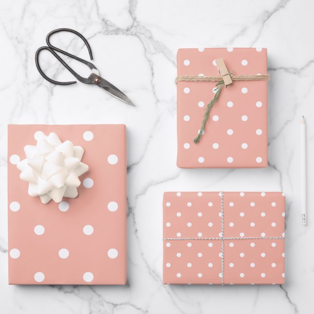 Pretty Peach White Spot Patterned Wrapping Paper Sheet (Front)
